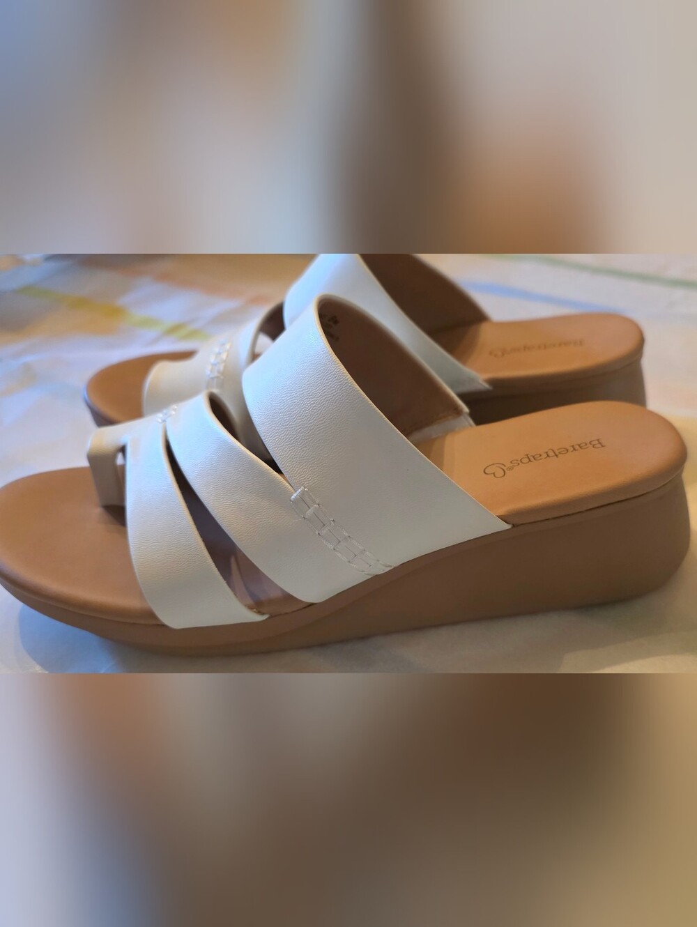 BareTraps White and Tan Wedge Slide Mules